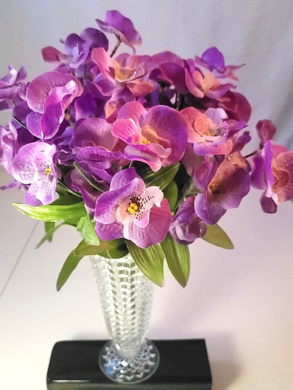 1967 Anchor Hocking Wexford Clear Glass 8" Footed Vase with Faux Purple Orchids